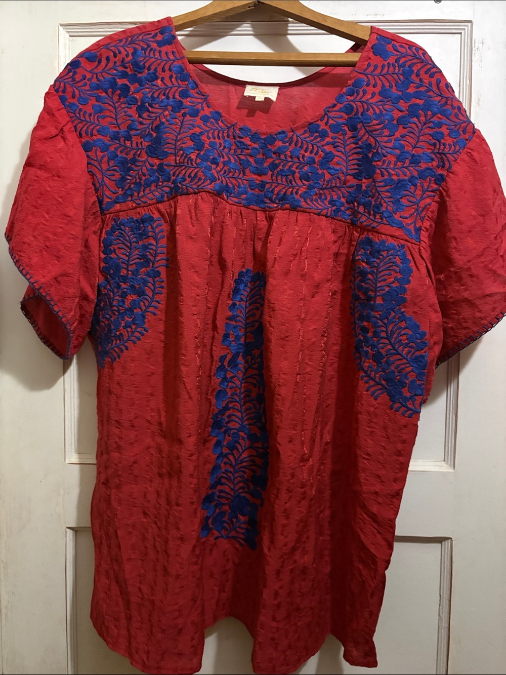 Red Mexican Embroidered Tunic with Blue Floral Detailing